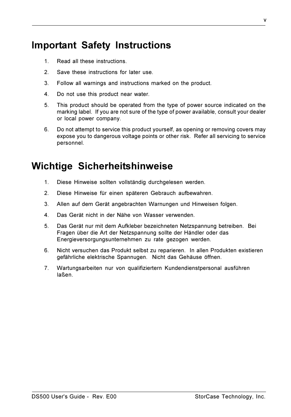 Important safety instructions, Wichtige sicherheitshinweise | StorCase Technology DS500 User Manual | Page 6 / 42