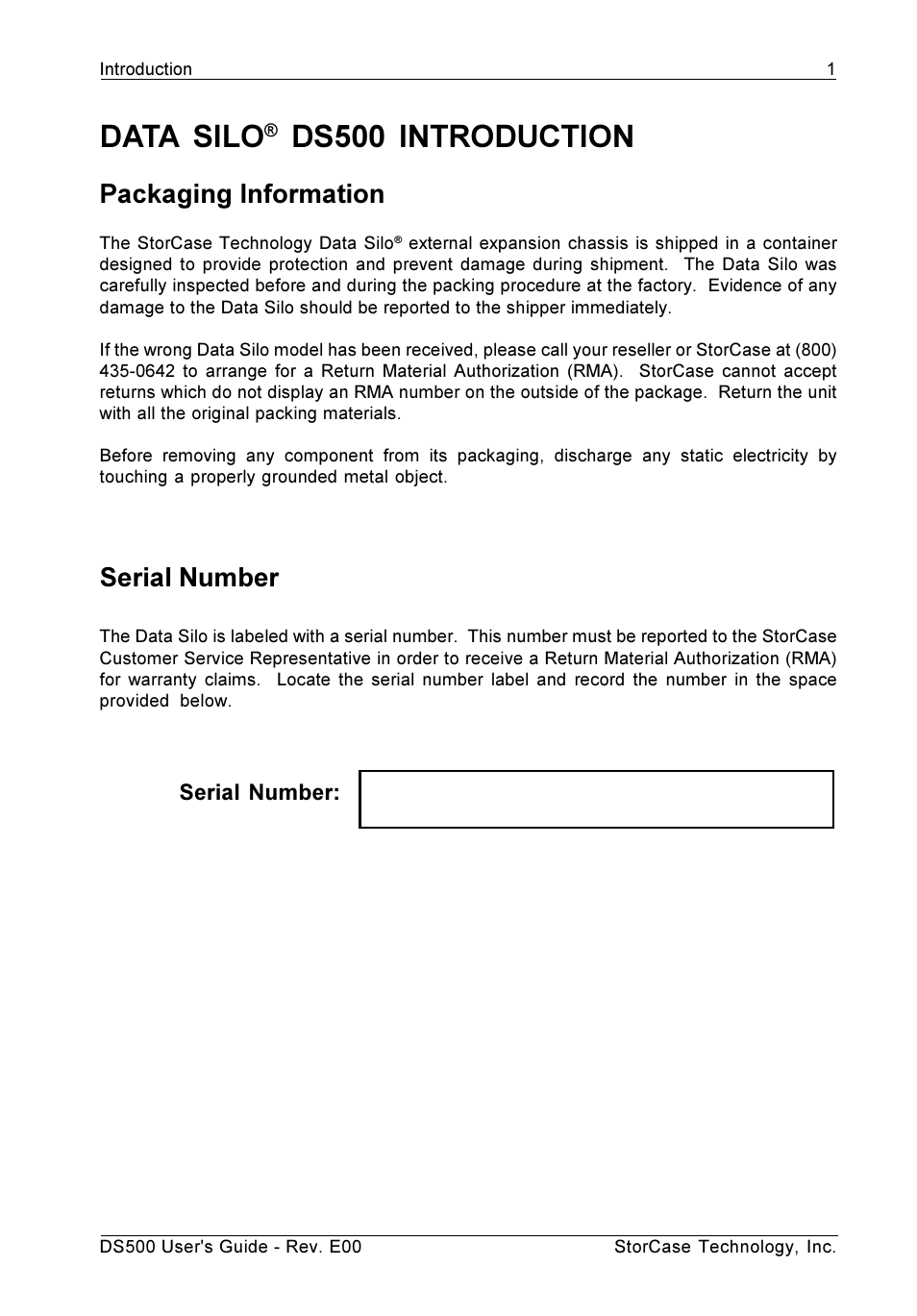 Introduction, Packaging information, Serial number | Data silo, Ds500 introduction | StorCase Technology DS500 User Manual | Page 9 / 42