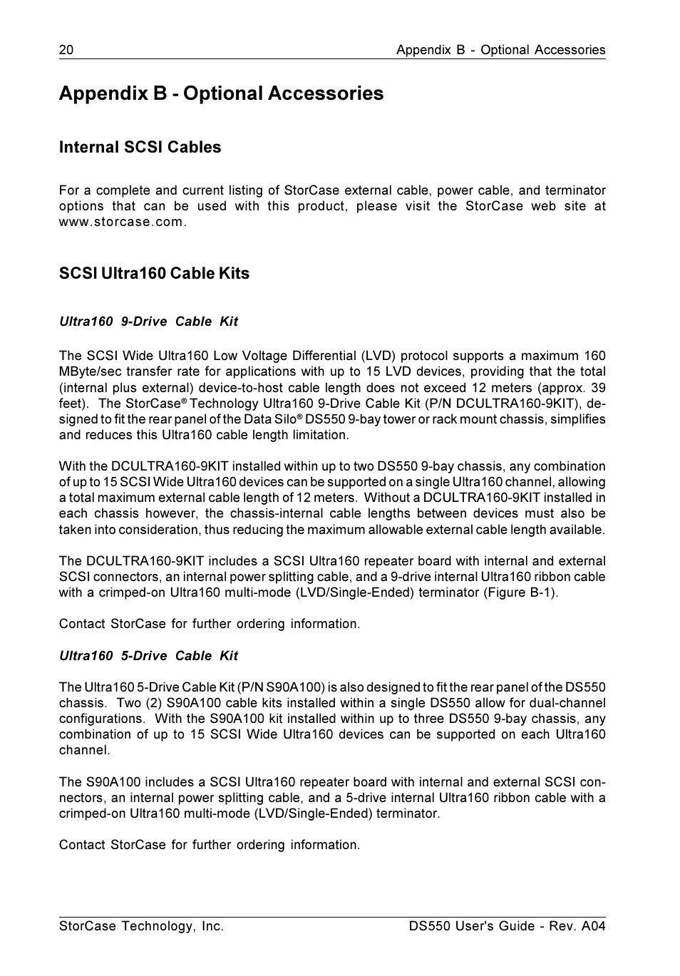 Appendix b - optional accessories, Internal scsi cables, Scsi ultra160 cable kits | StorCase Technology DS550 User Manual | Page 28 / 42