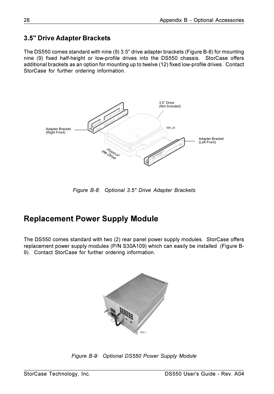 Replacement power supply module, 5" drive adapter brackets | StorCase Technology DS550 User Manual | Page 36 / 42