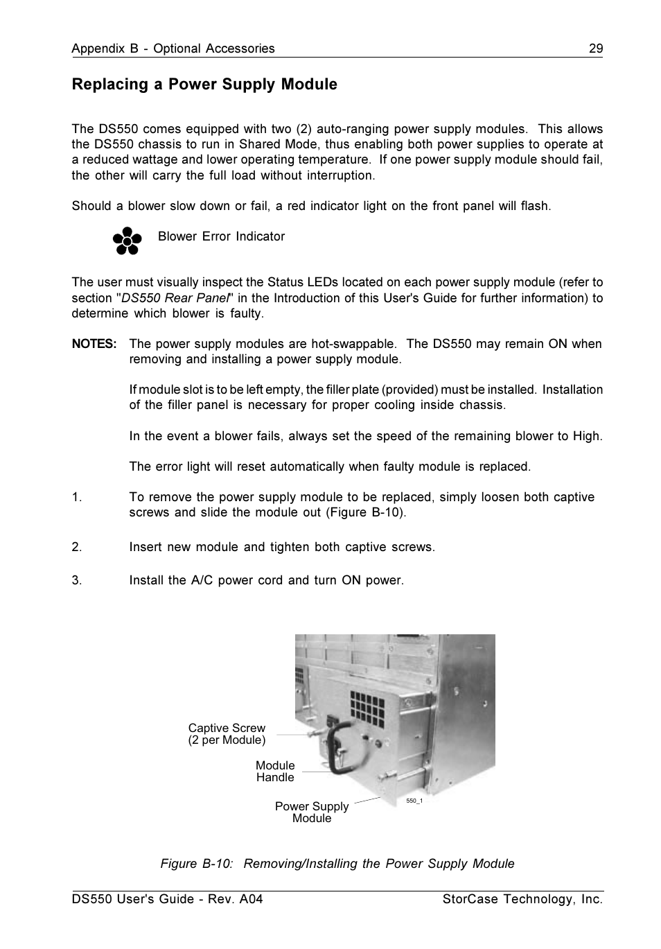 Replacing a power supply module | StorCase Technology DS550 User Manual | Page 37 / 42