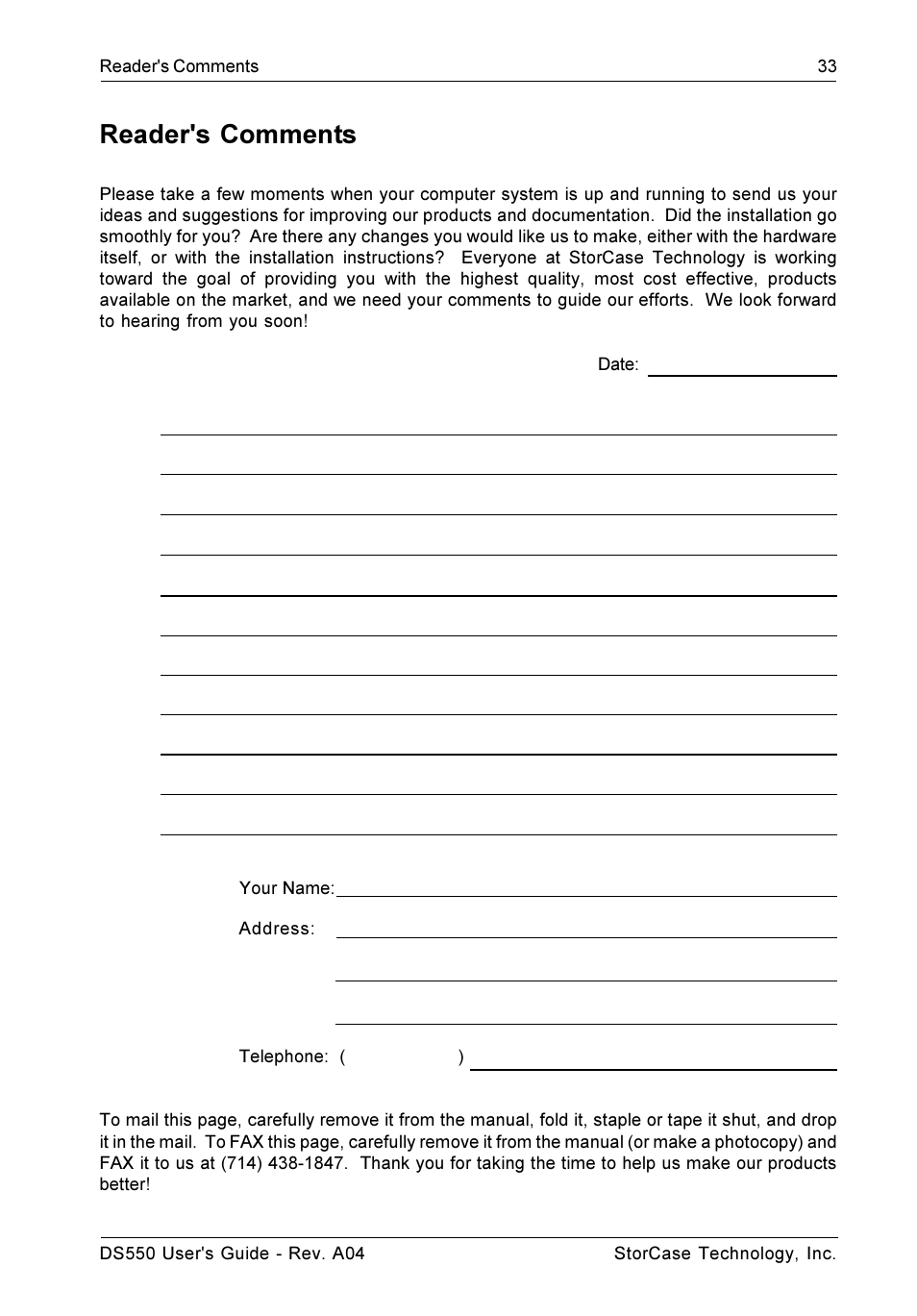 Reader's comments | StorCase Technology DS550 User Manual | Page 41 / 42