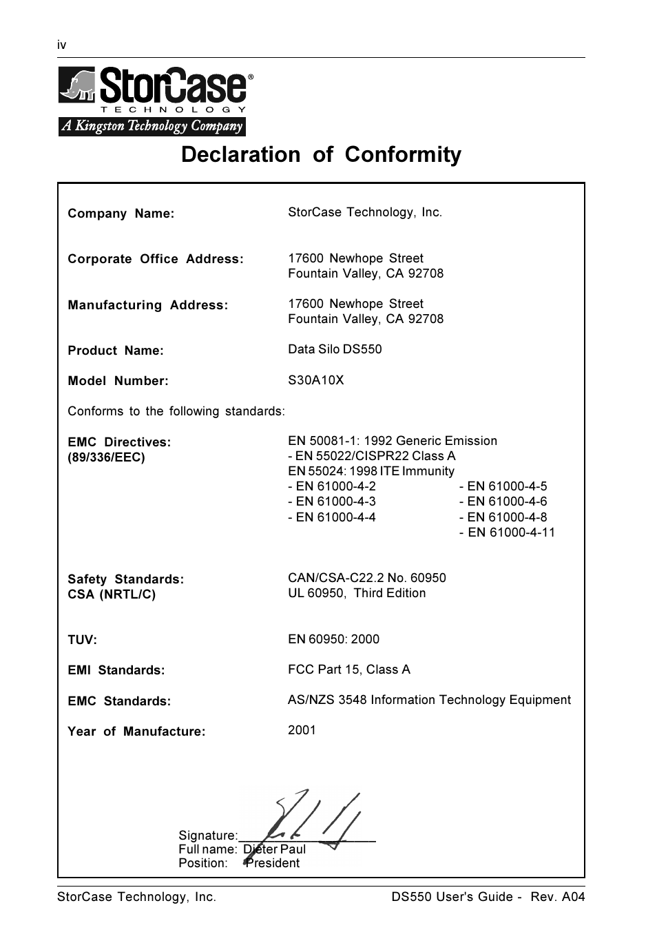 Declaration of conformity | StorCase Technology DS550 User Manual | Page 5 / 42