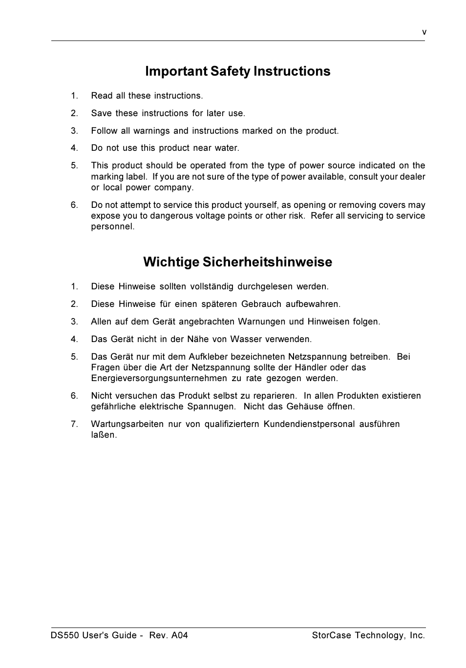 Important safety instructions, Wichtige sicherheitshinweise | StorCase Technology DS550 User Manual | Page 6 / 42