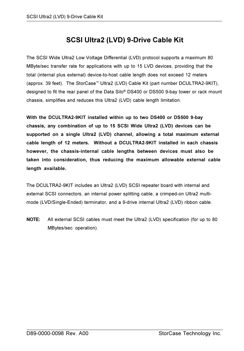 StorCase Technology DCULTRA2-9KIT SCSI User Manual | 4 pages