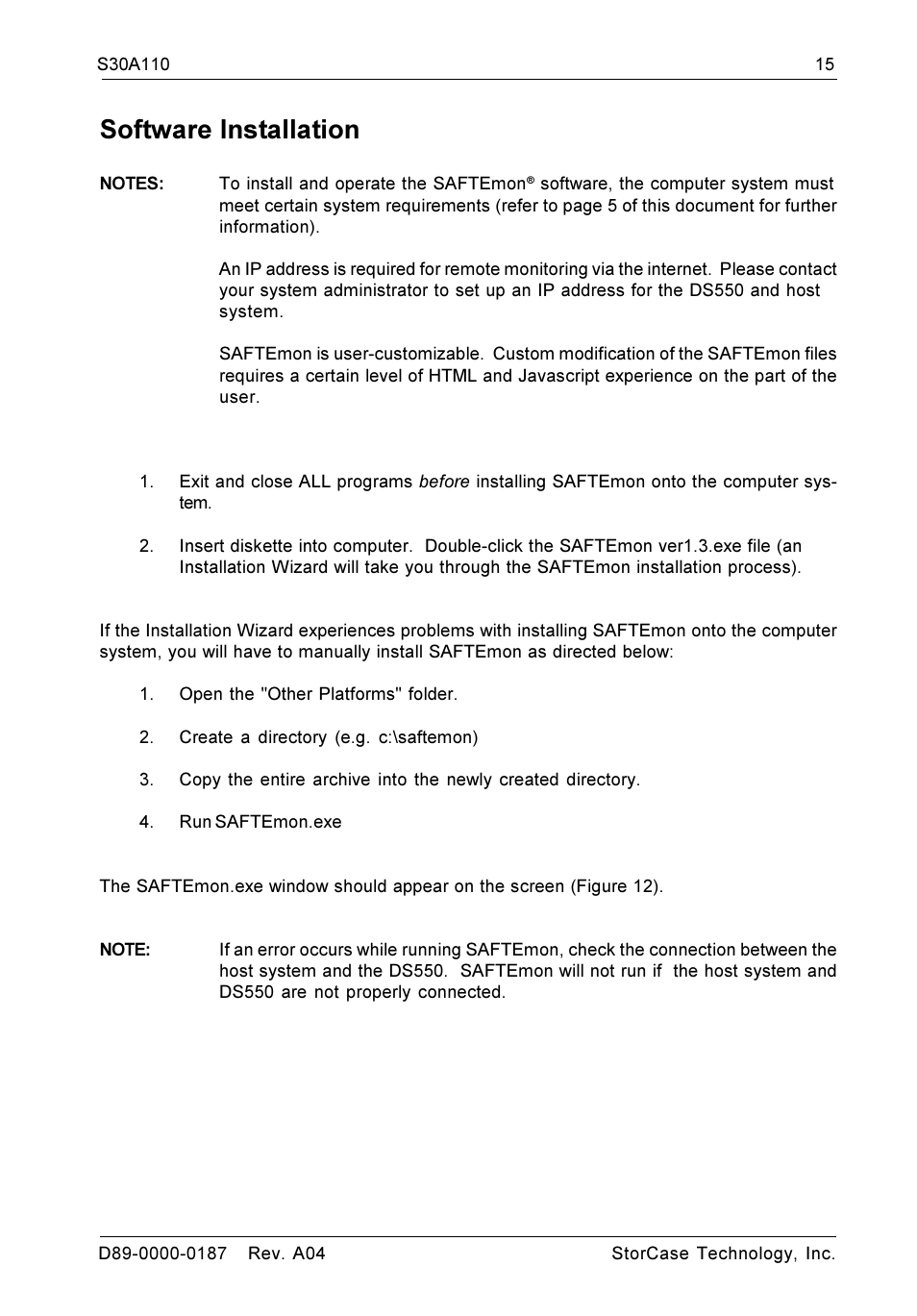 Software installation | StorCase Technology DS550 User Manual | Page 15 / 22