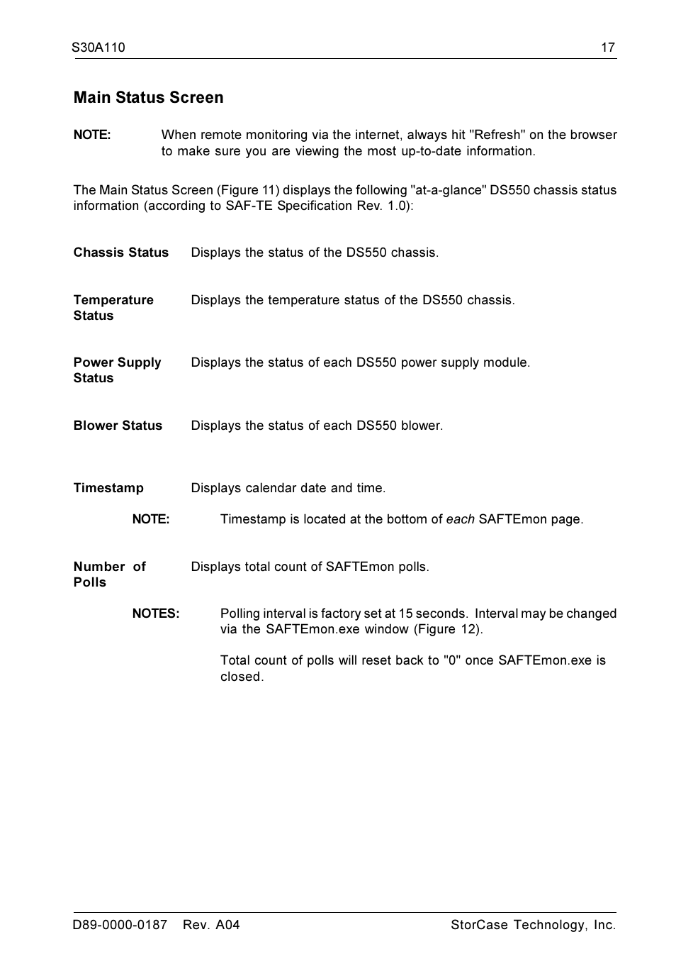 Main status screen | StorCase Technology DS550 User Manual | Page 17 / 22