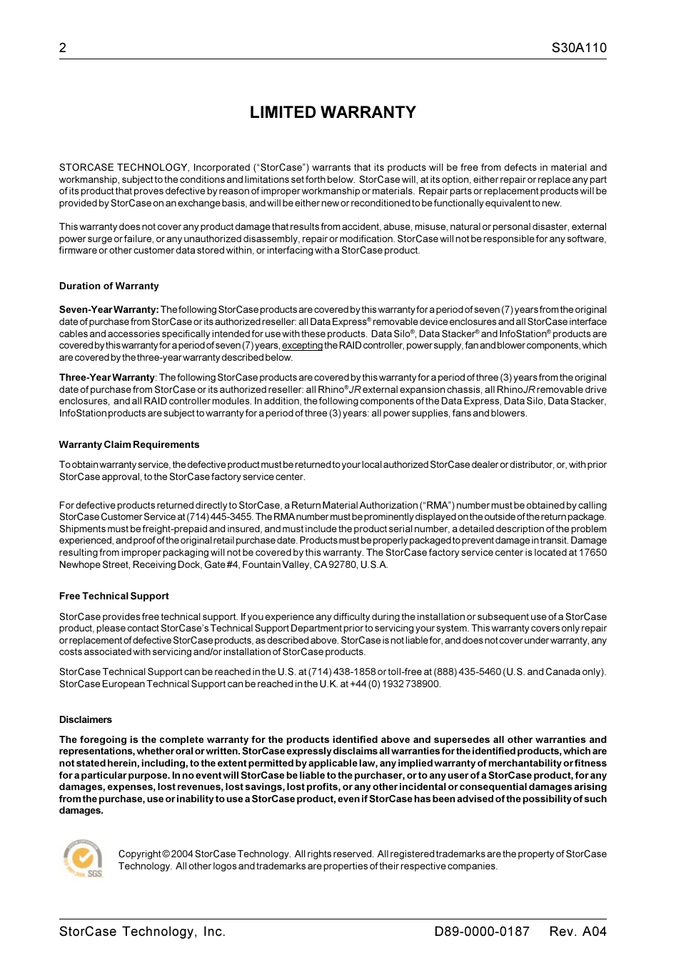 Limited warranty | StorCase Technology DS550 User Manual | Page 2 / 22