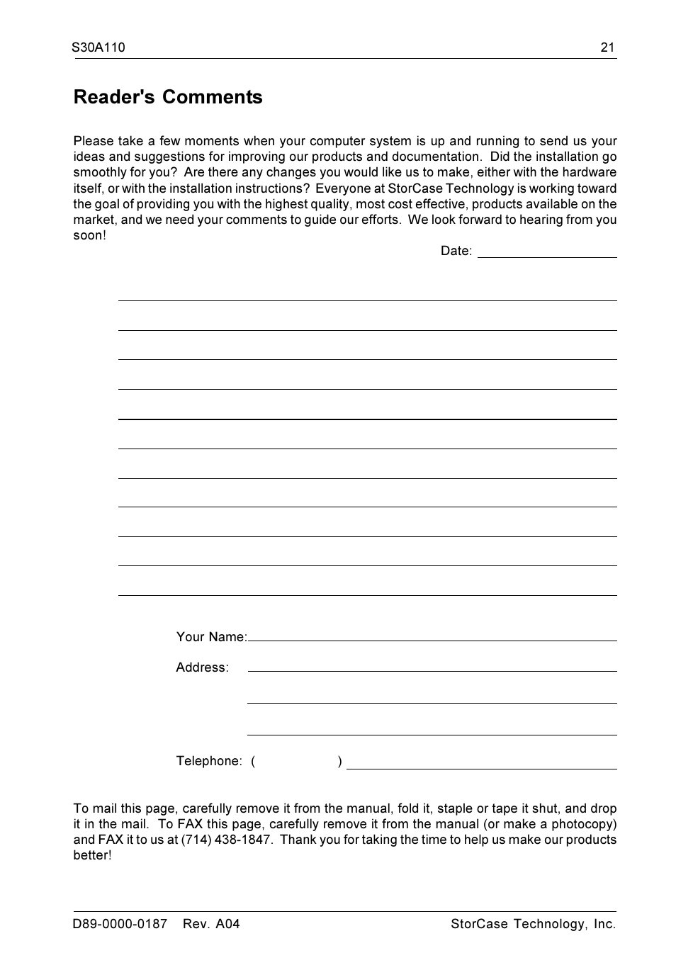 Reader's comments | StorCase Technology DS550 User Manual | Page 21 / 22