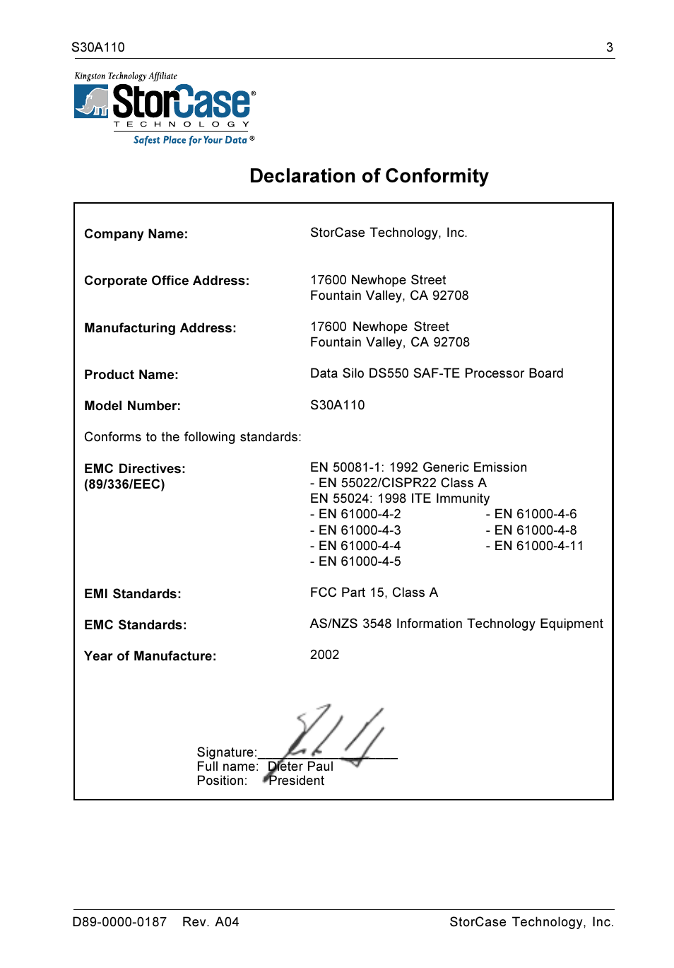 Declaration of conformity | StorCase Technology DS550 User Manual | Page 3 / 22