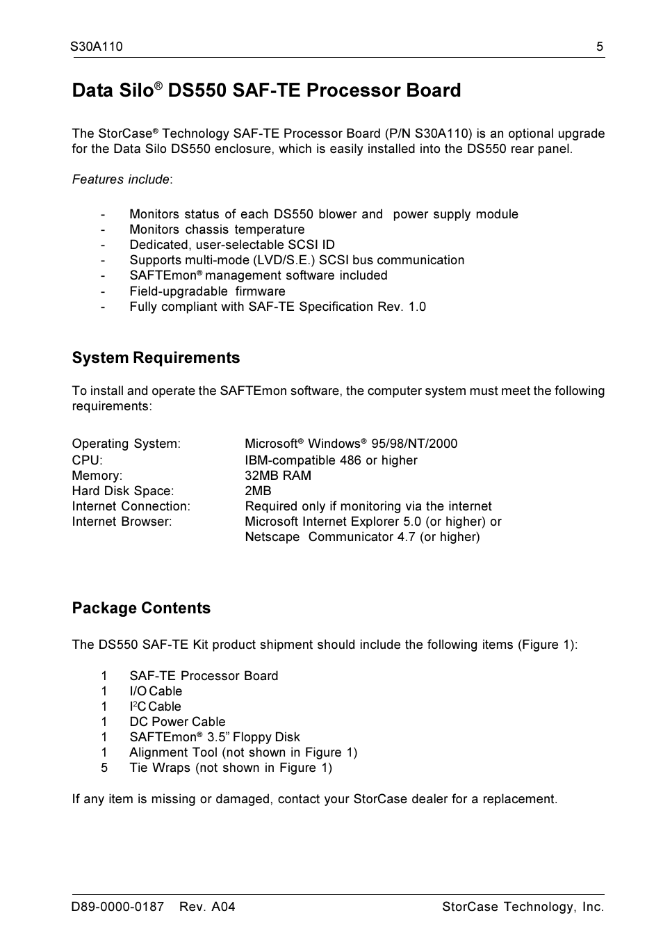 Data silo, Ds550 saf-te processor board, System requirements | Package contents | StorCase Technology DS550 User Manual | Page 5 / 22