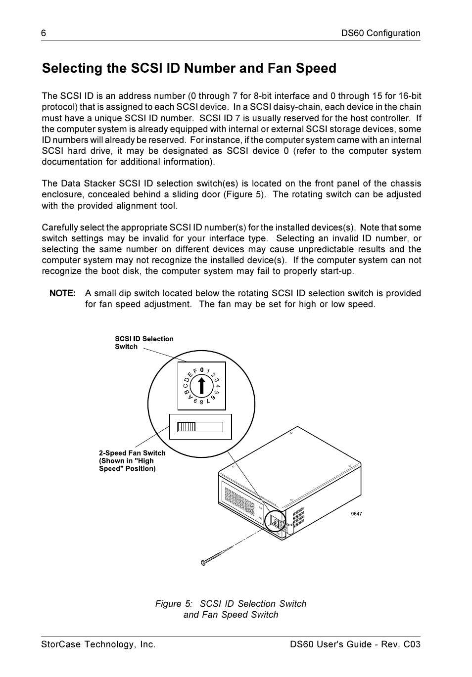 Selecting the scsi id number and fan speed | StorCase Technology DS60 User Manual | Page 15 / 25