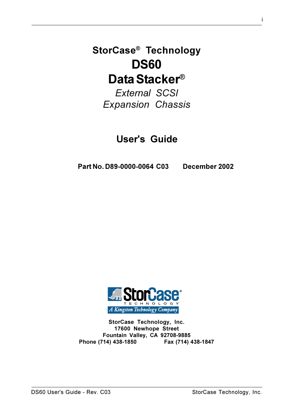 Ds60 data stacker, User's guide, Storcase | Technology, External scsi expansion chassis | StorCase Technology DS60 User Manual | Page 2 / 25