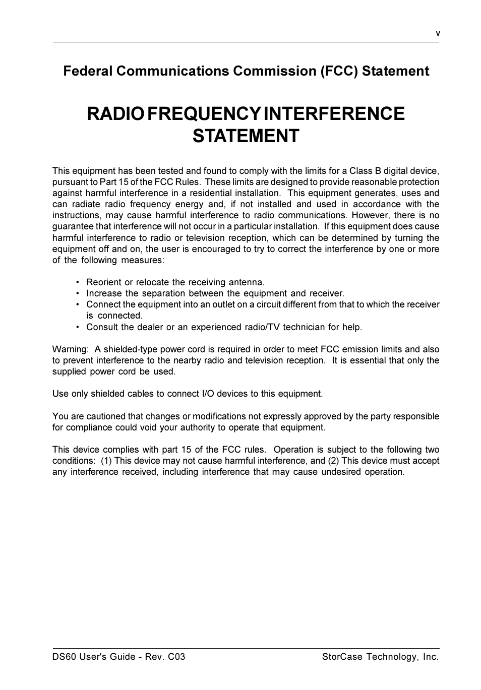Radio frequency interference statement, Federal communications commission (fcc) statement | StorCase Technology DS60 User Manual | Page 6 / 25