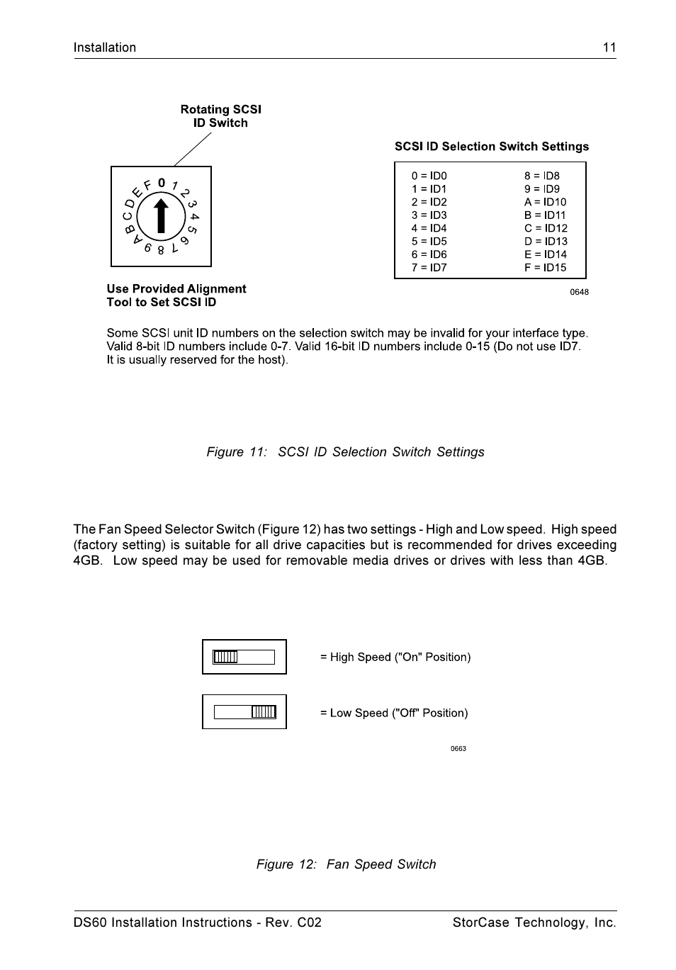 Figure 11: scsi id selection switch settings, Figure 12: fan speed switch | StorCase Technology DS60 User Manual | Page 14 / 15