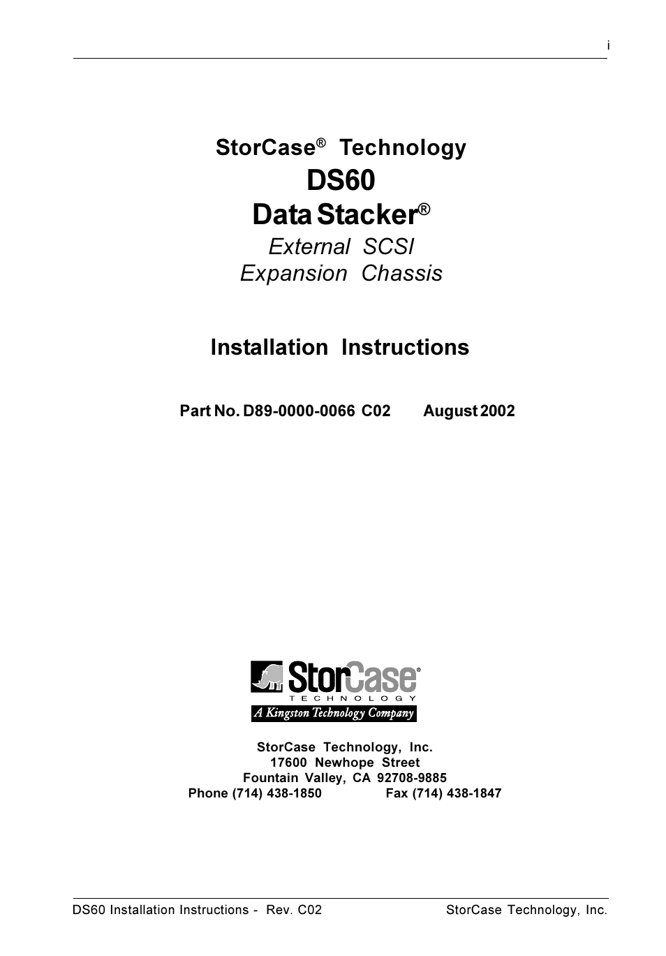Ds60 data stacker, Installation instructions, Storcase | Technology, External scsi expansion chassis | StorCase Technology DS60 User Manual | Page 2 / 15
