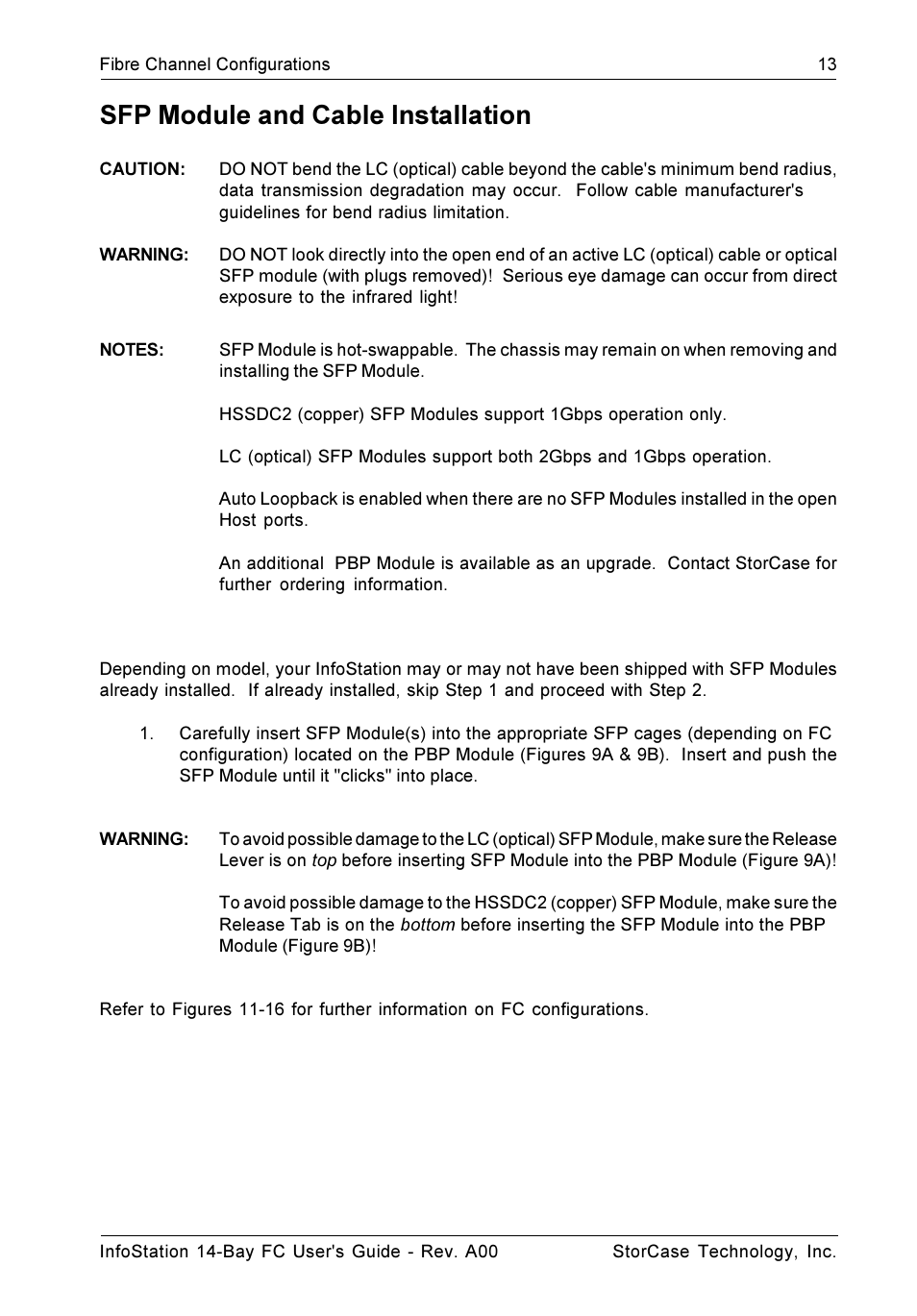 Sfp module and cable installation | StorCase Technology 14-Bay 3U Fibre User Manual | Page 22 / 51