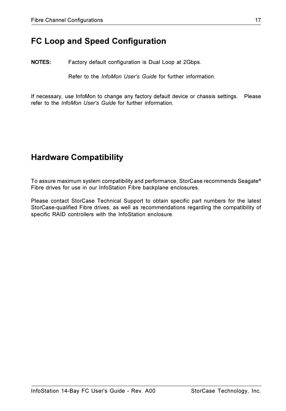 Fc loop and speed configuration, Hardware compatibility | StorCase Technology 14-Bay 3U Fibre User Manual | Page 26 / 51