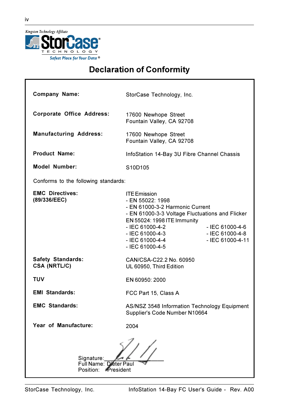 Declaration of conformity | StorCase Technology 14-Bay 3U Fibre User Manual | Page 5 / 51