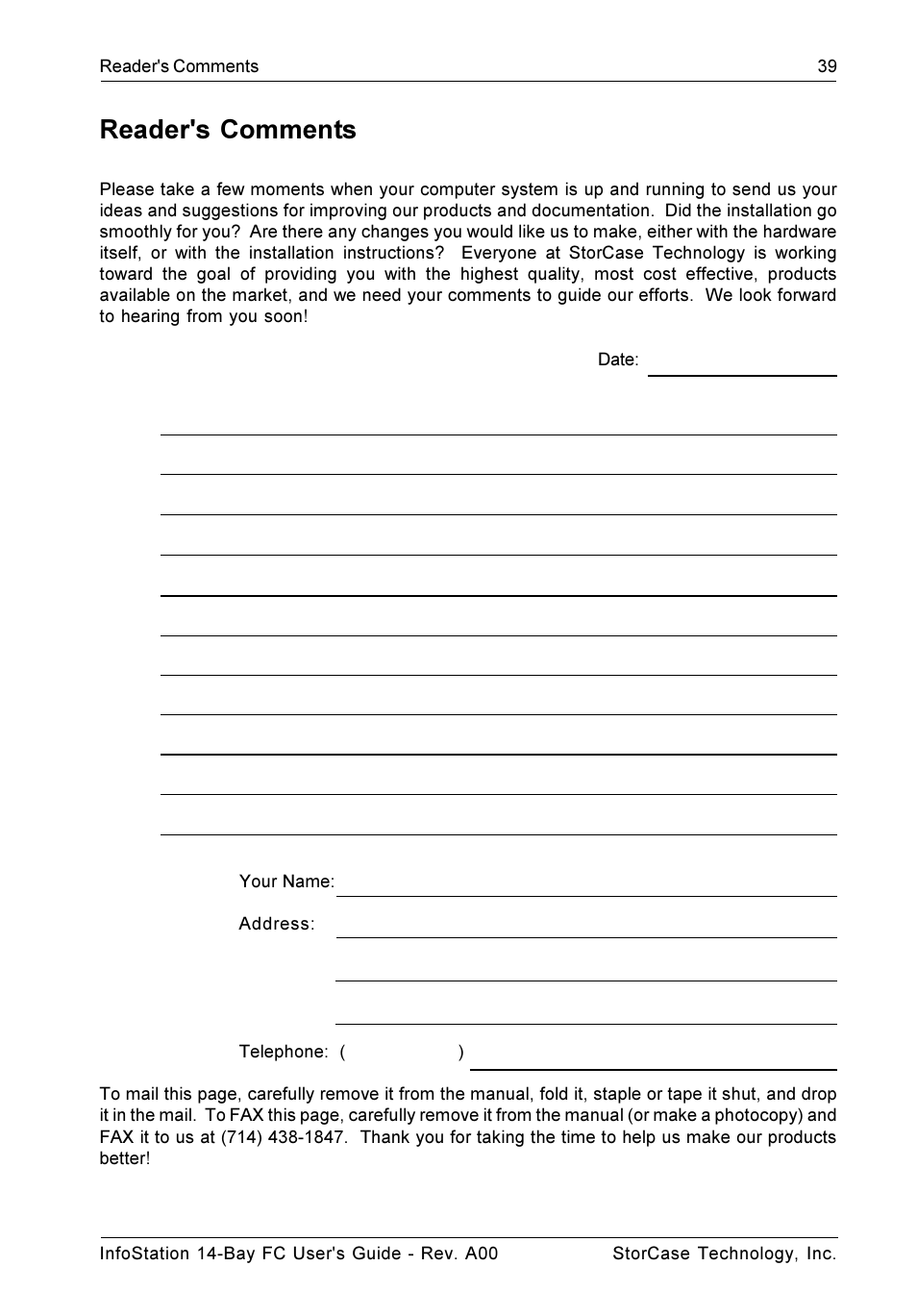 Reader's comments | StorCase Technology 14-Bay 3U Fibre User Manual | Page 50 / 51