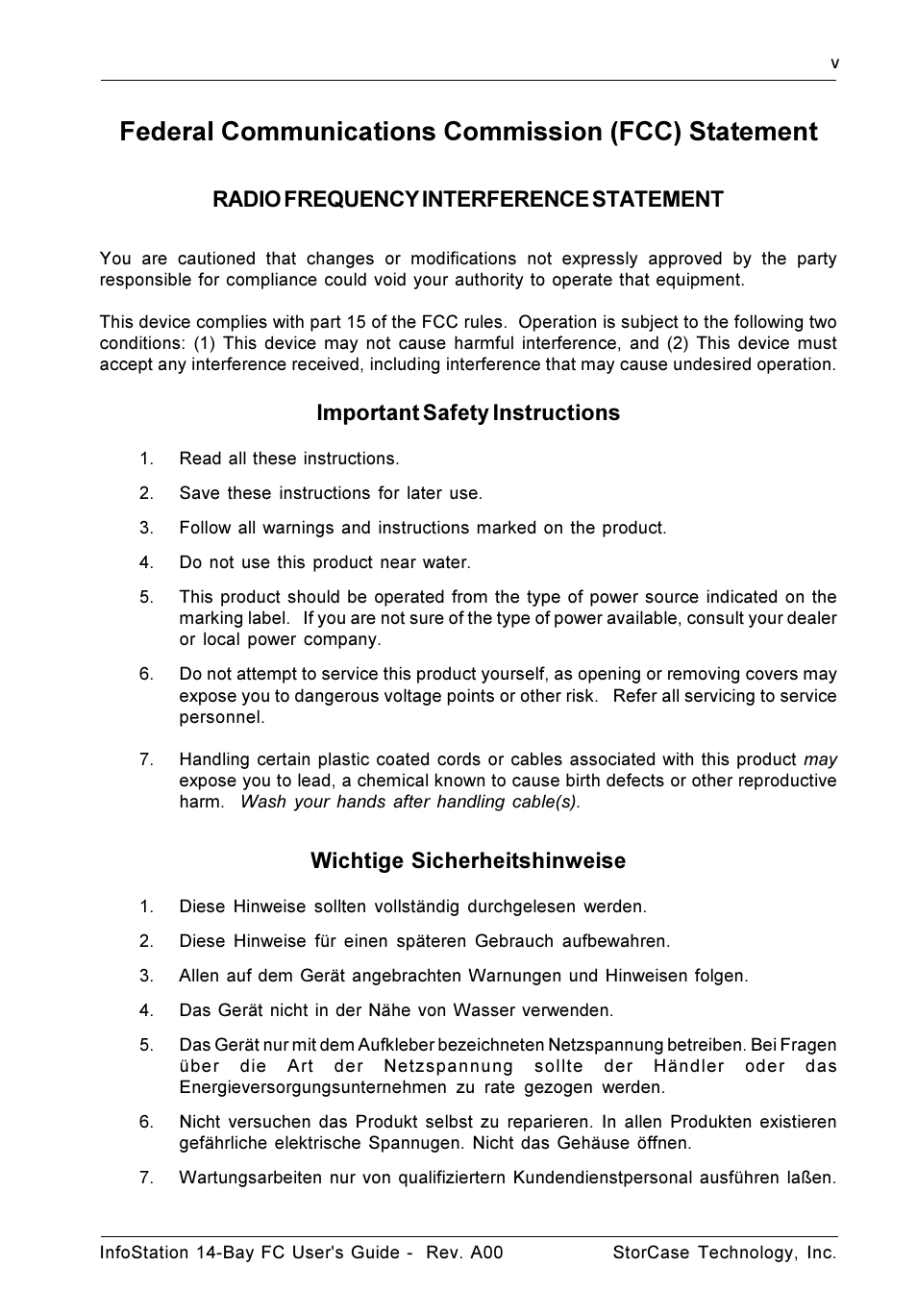 Federal communications commission (fcc) statement, Radio frequency interference statement, Important safety instructions | Wichtige sicherheitshinweise | StorCase Technology 14-Bay 3U Fibre User Manual | Page 6 / 51