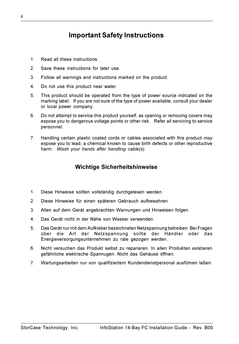 Important safety instructions, Wichtige sicherheitshinweise | StorCase Technology 14-Bay 3U Fibre User Manual | Page 3 / 15