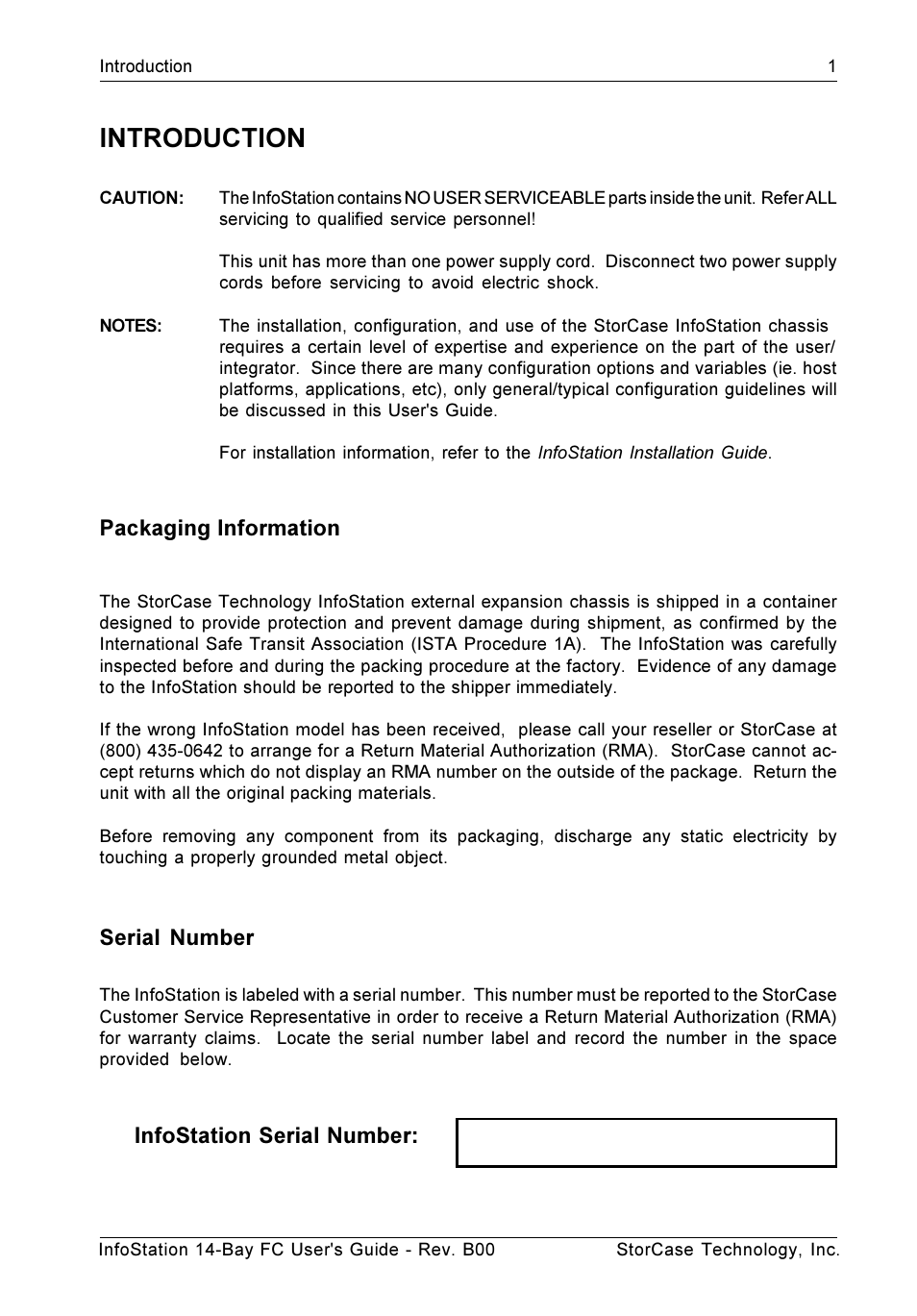 Introduction, Packaging information, Serial number | Infostation serial number | StorCase Technology 14-Bay 3U Fibre User Manual | Page 10 / 49