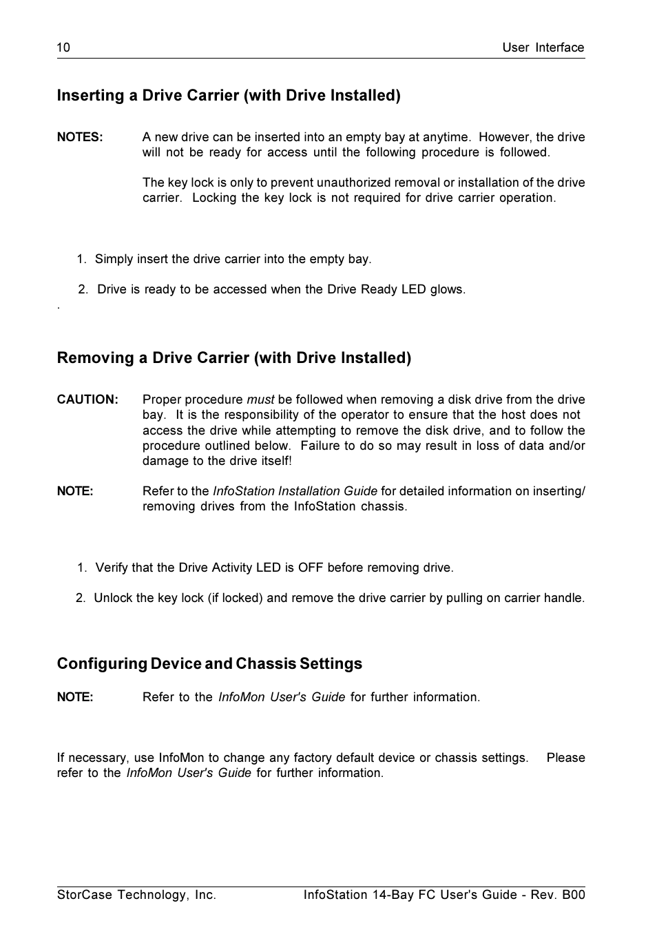 Inserting a drive carrier (with drive installed), Removing a drive carrier (with drive installed), Configuring device and chassis settings | StorCase Technology 14-Bay 3U Fibre User Manual | Page 19 / 49