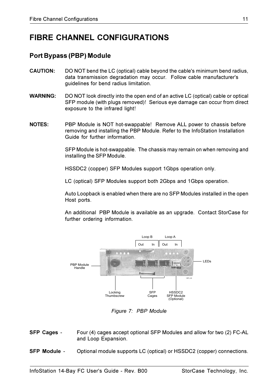 Fibre channel configurations, Port bypass (pbp) module | StorCase Technology 14-Bay 3U Fibre User Manual | Page 20 / 49