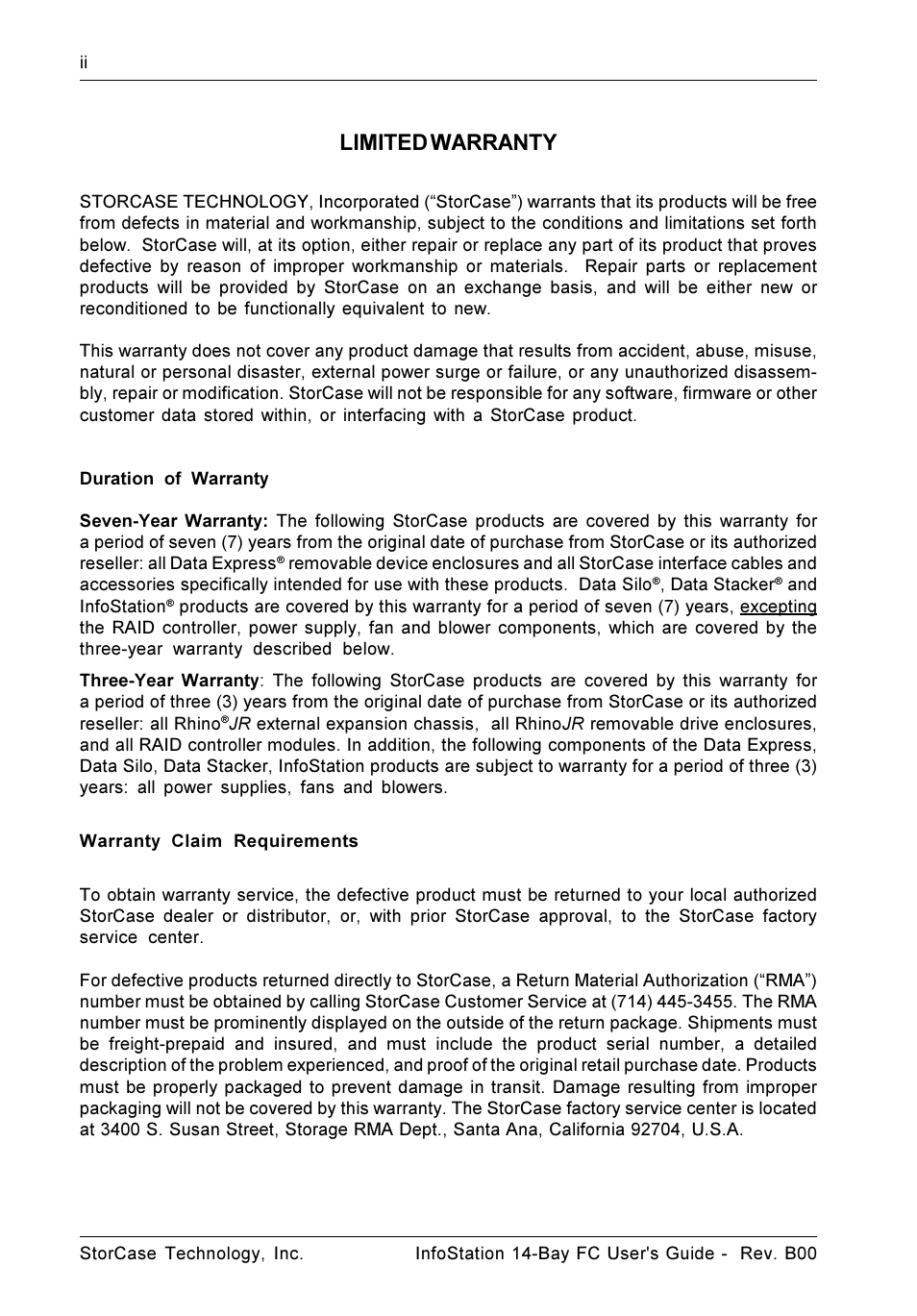 Limited warranty | StorCase Technology 14-Bay 3U Fibre User Manual | Page 3 / 49