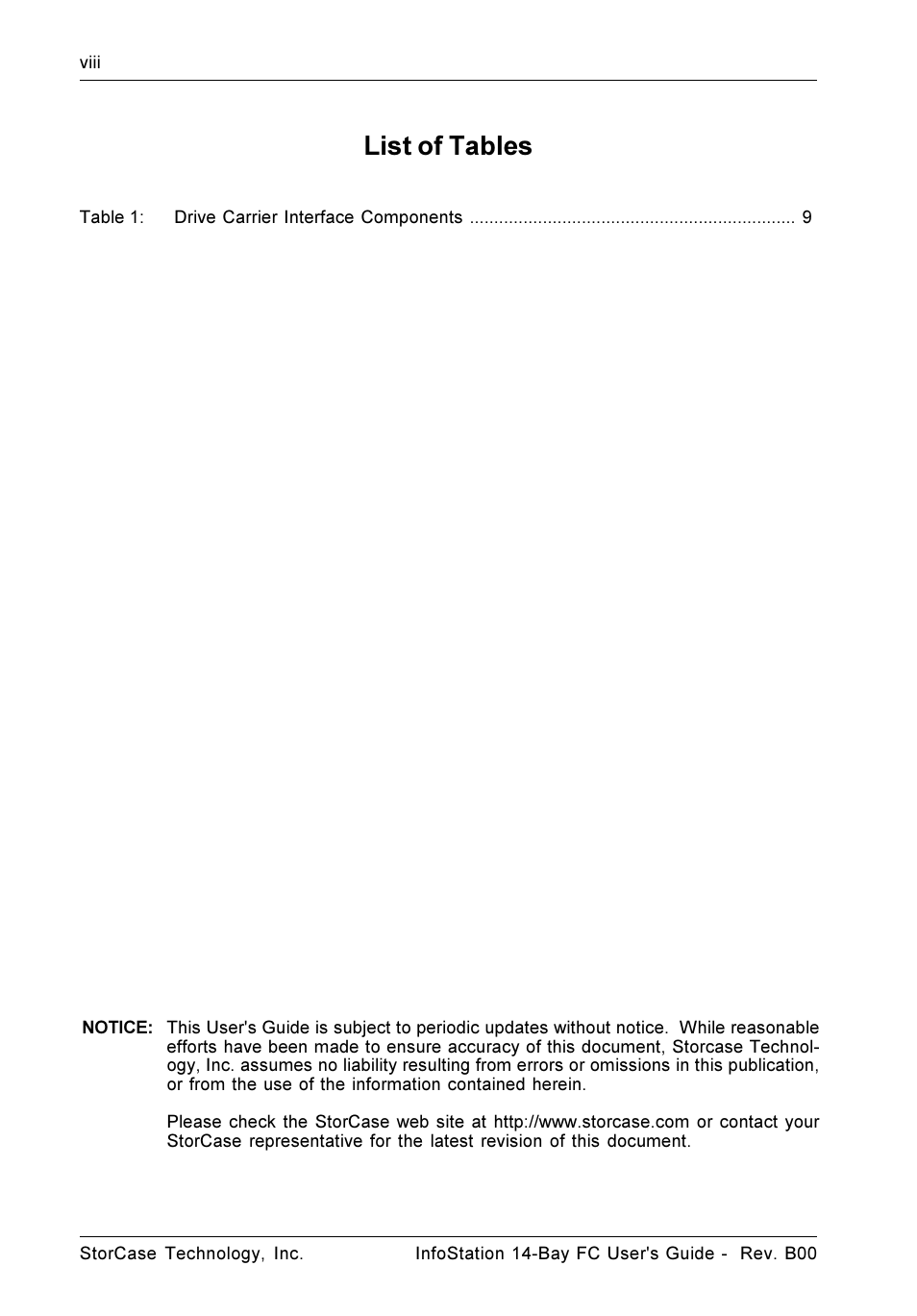 List of tables | StorCase Technology 14-Bay 3U Fibre User Manual | Page 9 / 49