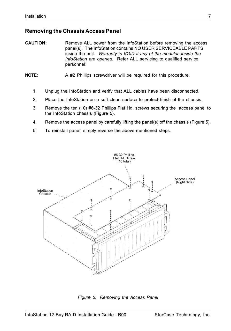 Removing the chassis access panel | StorCase Technology InfoStation 12-Bay 4U Ultra320/SATA User Manual | Page 12 / 18