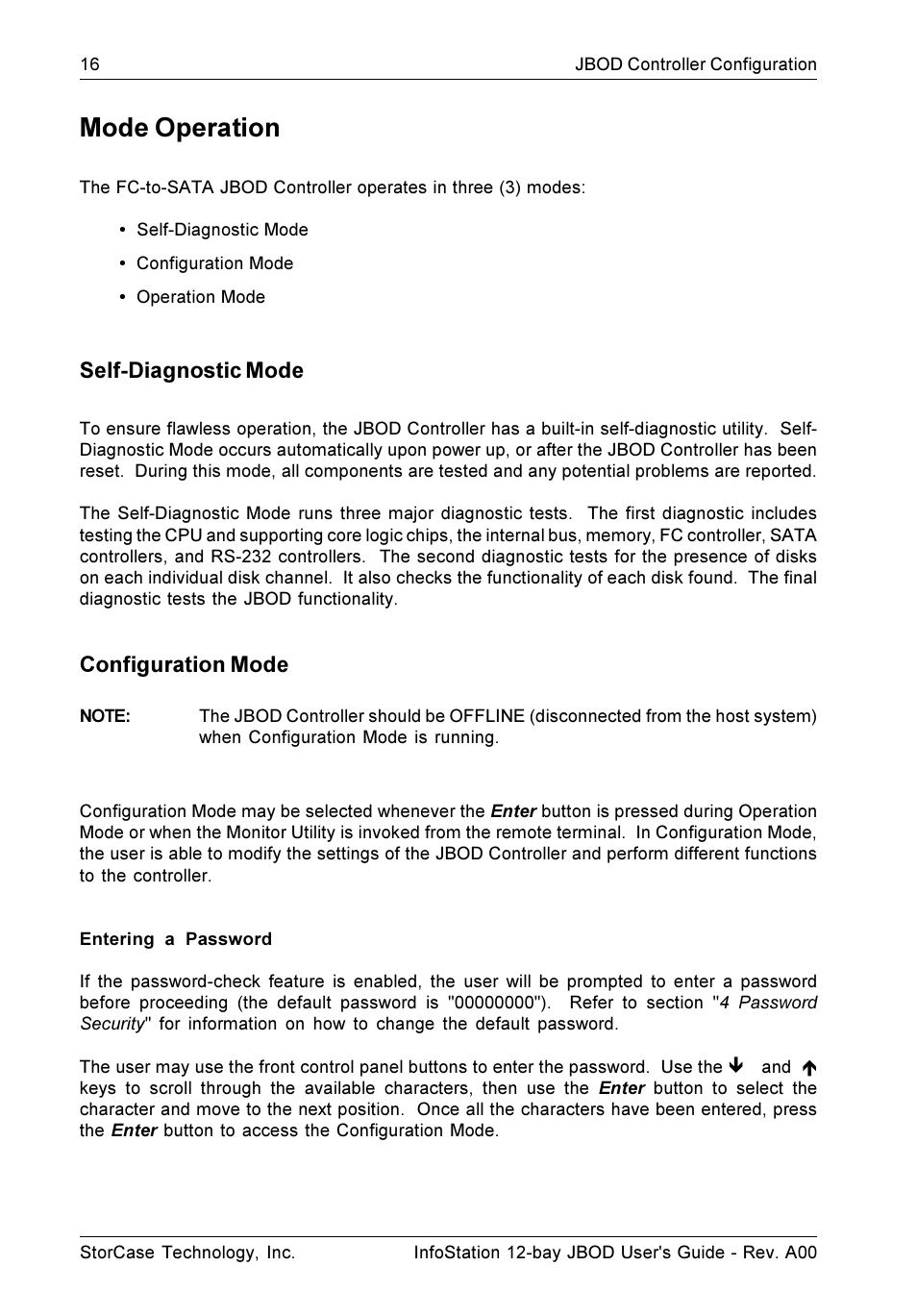 Mode operation, Self-diagnostic mode, Configuration mode | StorCase Technology 12-Bay 4U Fibre/SATA JBOD User Manual | Page 25 / 49