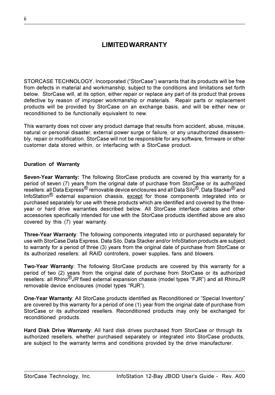 Limited warranty | StorCase Technology 12-Bay 4U Fibre/SATA JBOD User Manual | Page 3 / 49