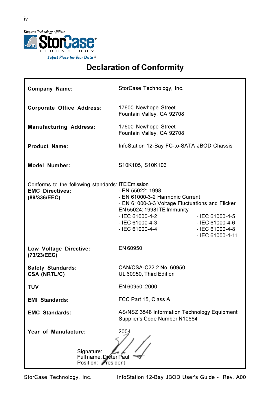 Declaration of conformity | StorCase Technology 12-Bay 4U Fibre/SATA JBOD User Manual | Page 5 / 49