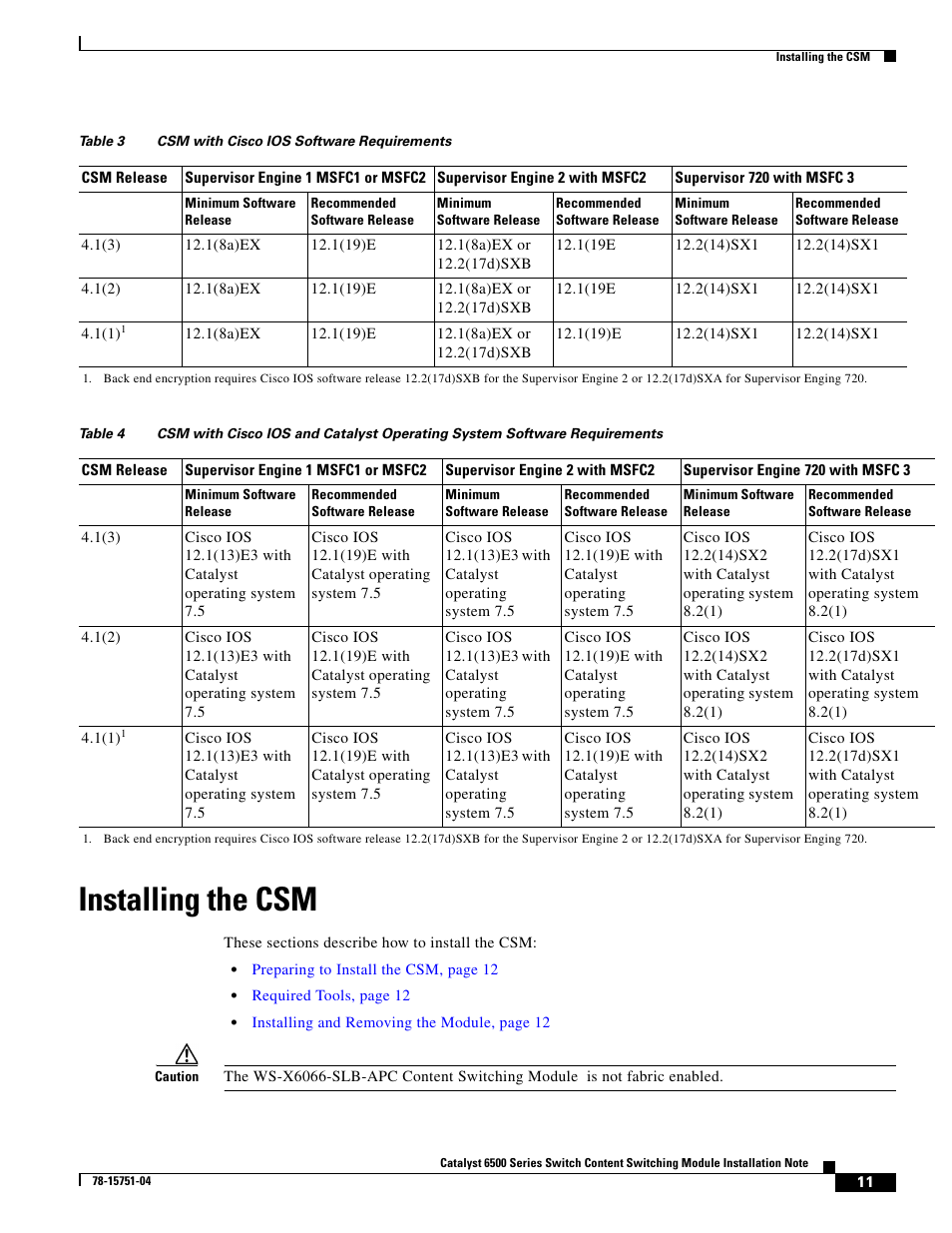 Installing the csm | Cisco 6500 WS-X6066-SLB-APC User Manual | Page 11 / 28