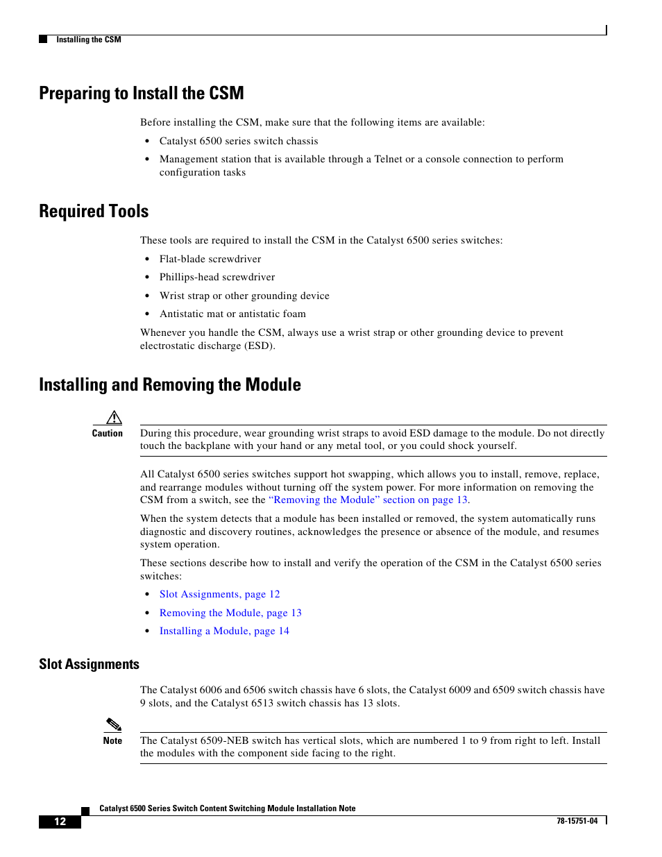 Preparing to install the csm, Required tools, Installing and removing the module | Slot assignments | Cisco 6500 WS-X6066-SLB-APC User Manual | Page 12 / 28