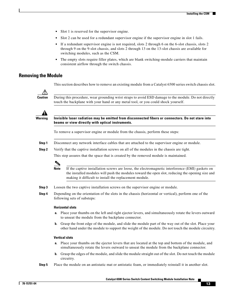 Removing the module | Cisco 6500 WS-X6066-SLB-APC User Manual | Page 13 / 28