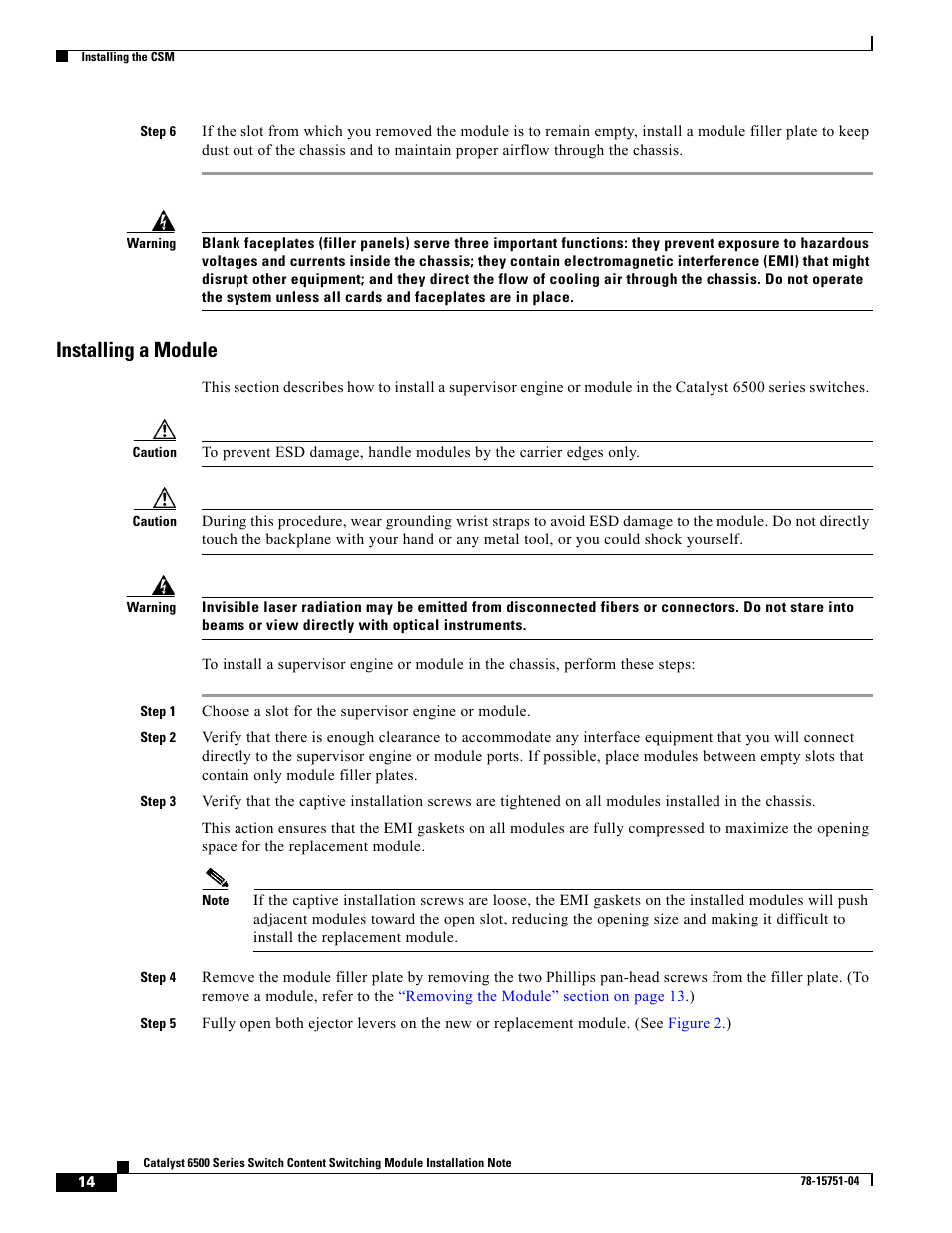 Installing a module | Cisco 6500 WS-X6066-SLB-APC User Manual | Page 14 / 28