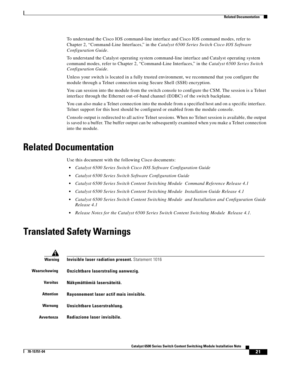 Related documentation, Translated safety warnings | Cisco 6500 WS-X6066-SLB-APC User Manual | Page 21 / 28