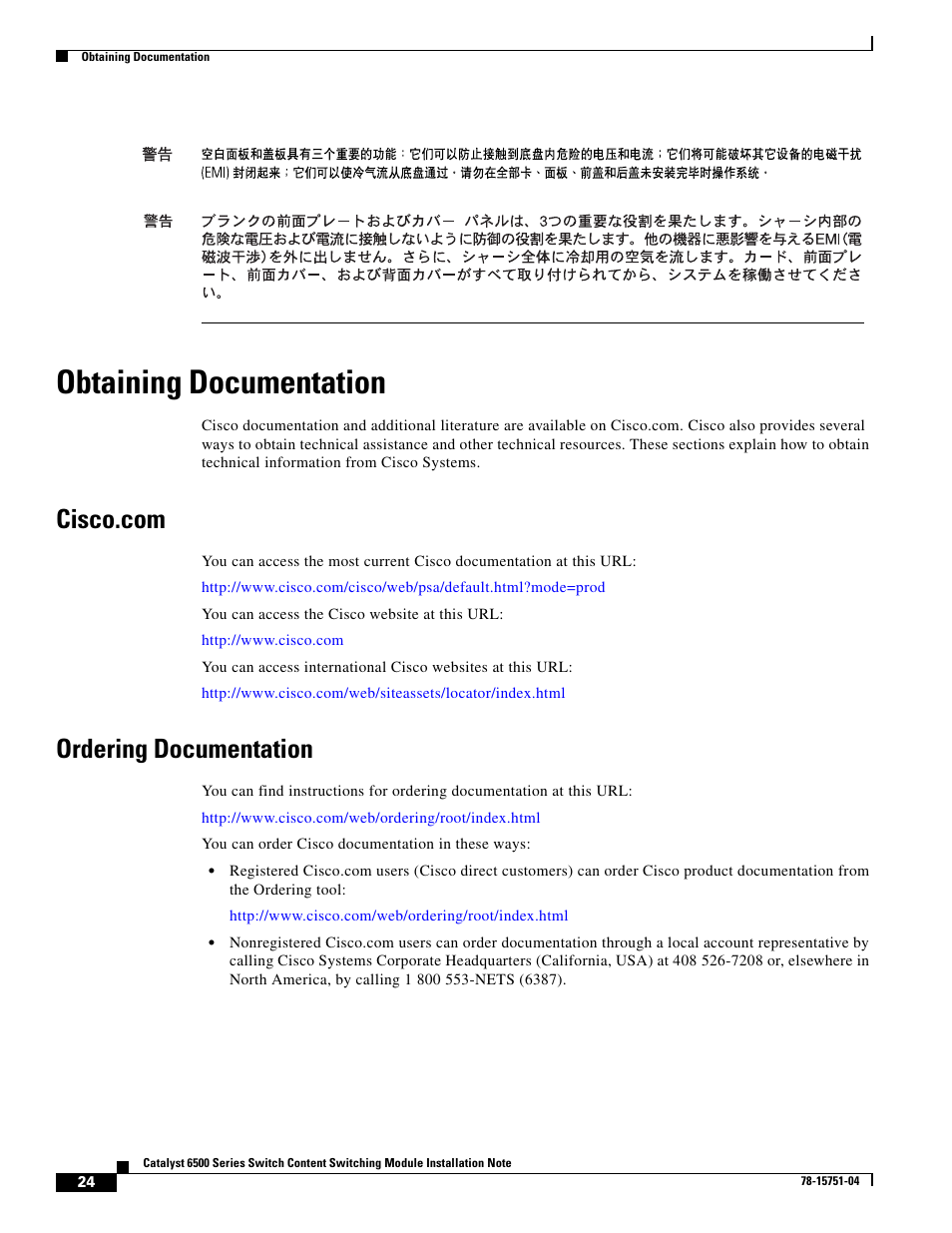 Obtaining documentation, Cisco.com, Ordering documentation | Cisco 6500 WS-X6066-SLB-APC User Manual | Page 24 / 28