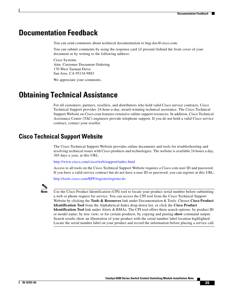 Documentation feedback, Obtaining technical assistance, Cisco technical support website | Cisco 6500 WS-X6066-SLB-APC User Manual | Page 25 / 28