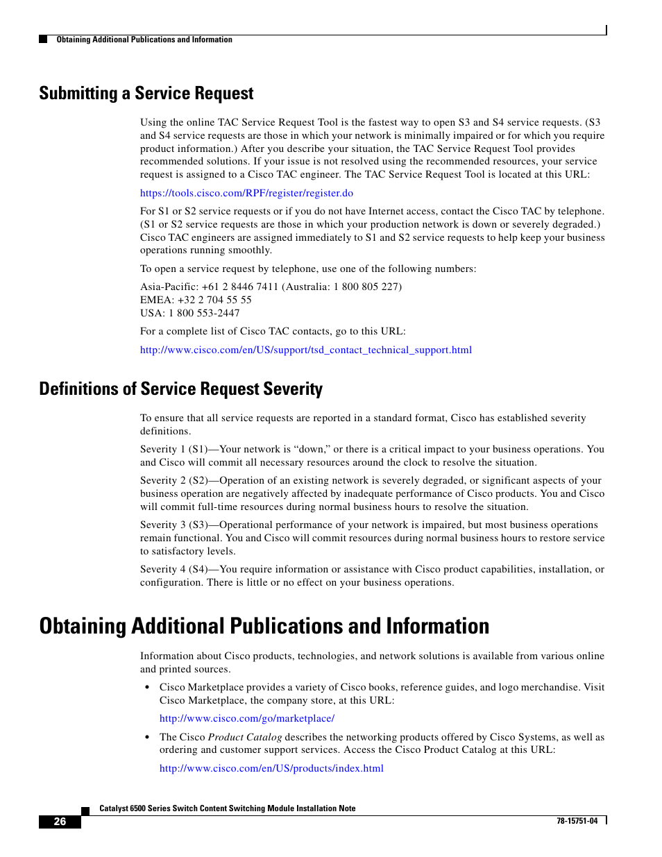 Submitting a service request, Definitions of service request severity, Obtaining additional publications and information | Cisco 6500 WS-X6066-SLB-APC User Manual | Page 26 / 28