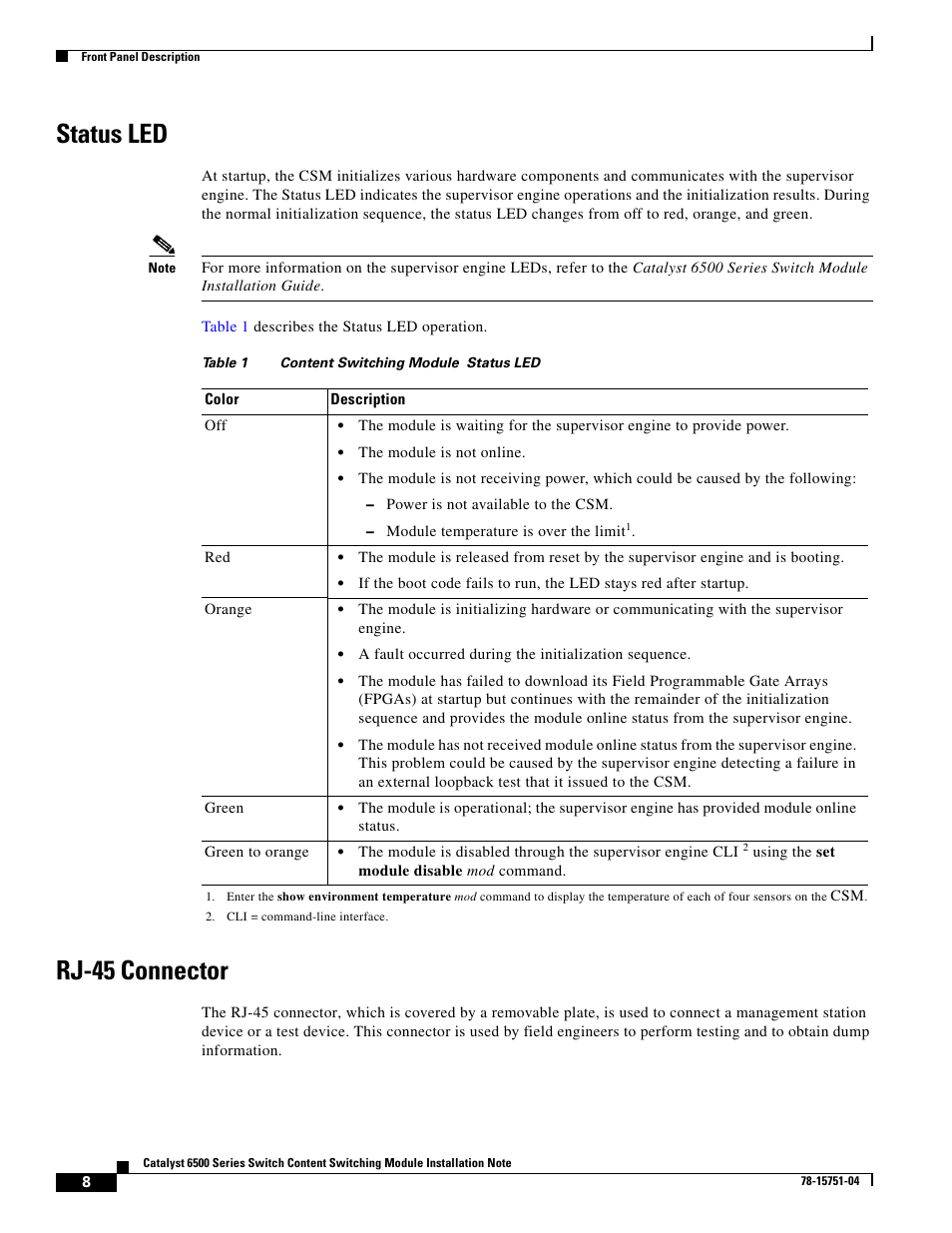 Status led, Rj-45 connector | Cisco 6500 WS-X6066-SLB-APC User Manual | Page 8 / 28