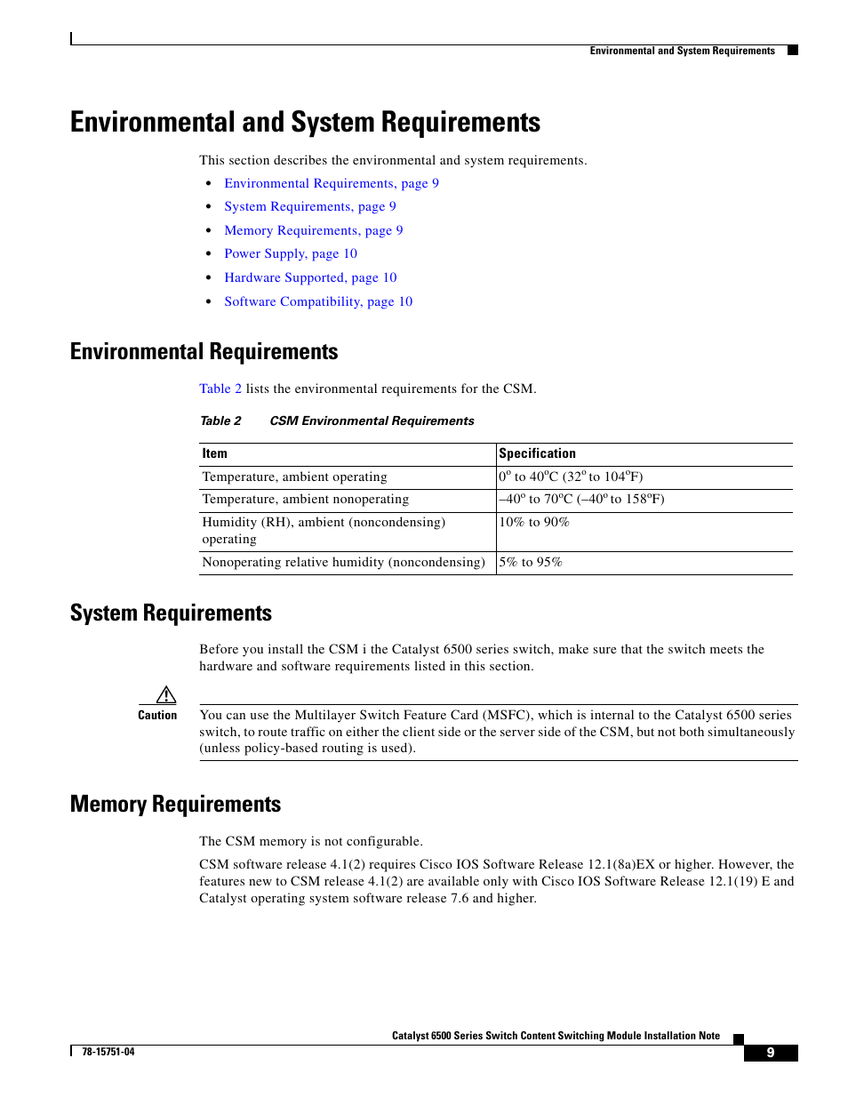 Environmental and system requirements, Environmental requirements, System requirements | Memory requirements | Cisco 6500 WS-X6066-SLB-APC User Manual | Page 9 / 28