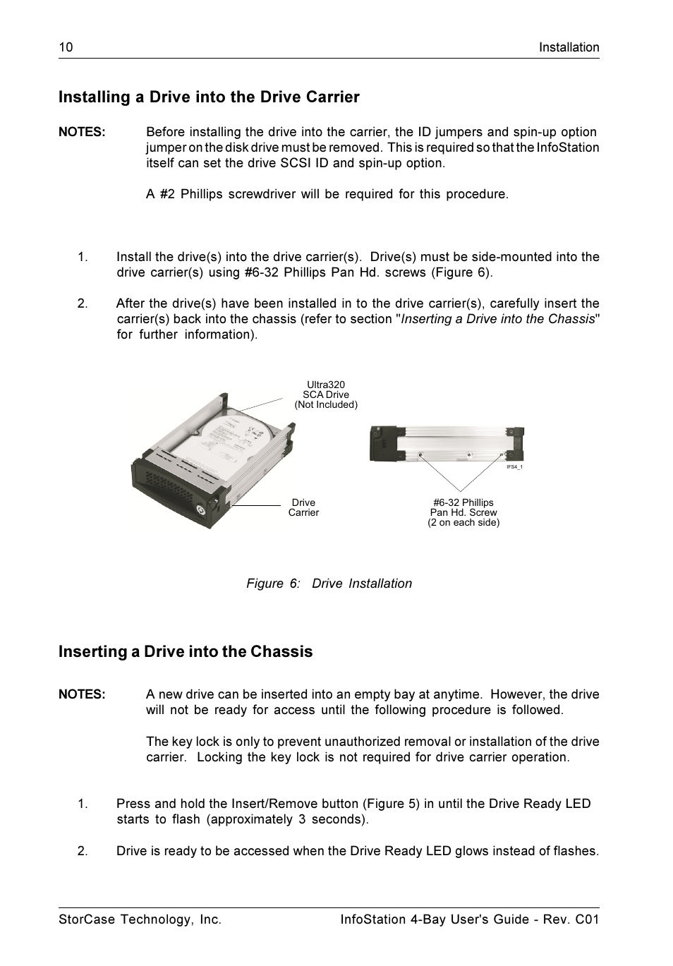 Installing a drive into the drive carrier, Inserting a drive into the chassis | StorCase Technology 4-Bay Desktop SCSI Ultra320 User Manual | Page 18 / 36