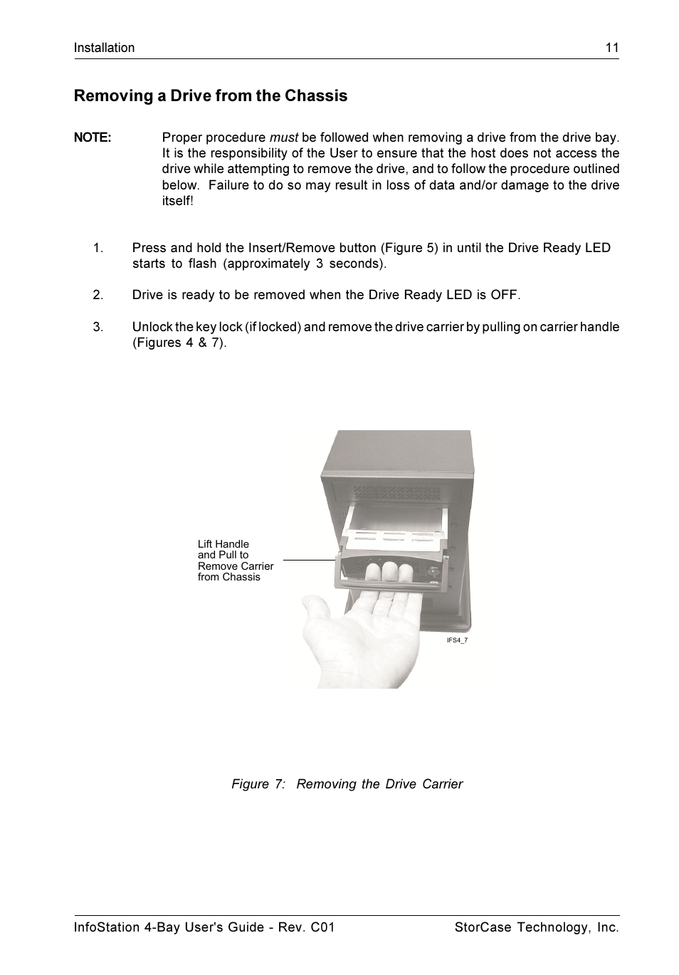Removing a drive from the chassis | StorCase Technology 4-Bay Desktop SCSI Ultra320 User Manual | Page 19 / 36