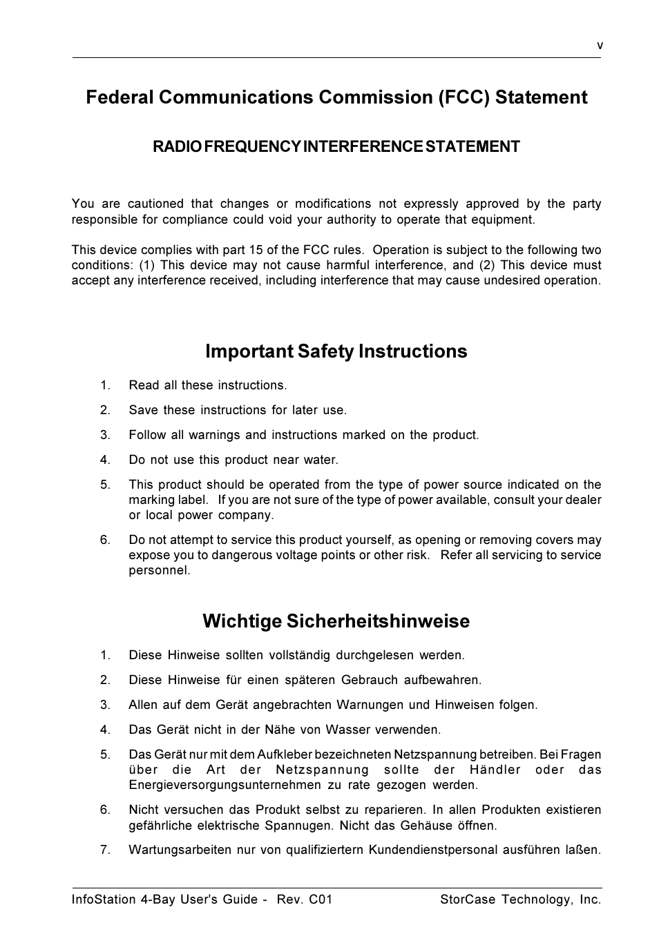 Federal communications commission (fcc) statement, Important safety instructions, Wichtige sicherheitshinweise | Radio frequency interference statement | StorCase Technology 4-Bay Desktop SCSI Ultra320 User Manual | Page 6 / 36