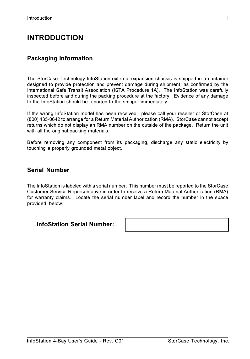 Introduction, Packaging information, Serial number | Infostation serial number | StorCase Technology 4-Bay Desktop SCSI Ultra320 User Manual | Page 9 / 36