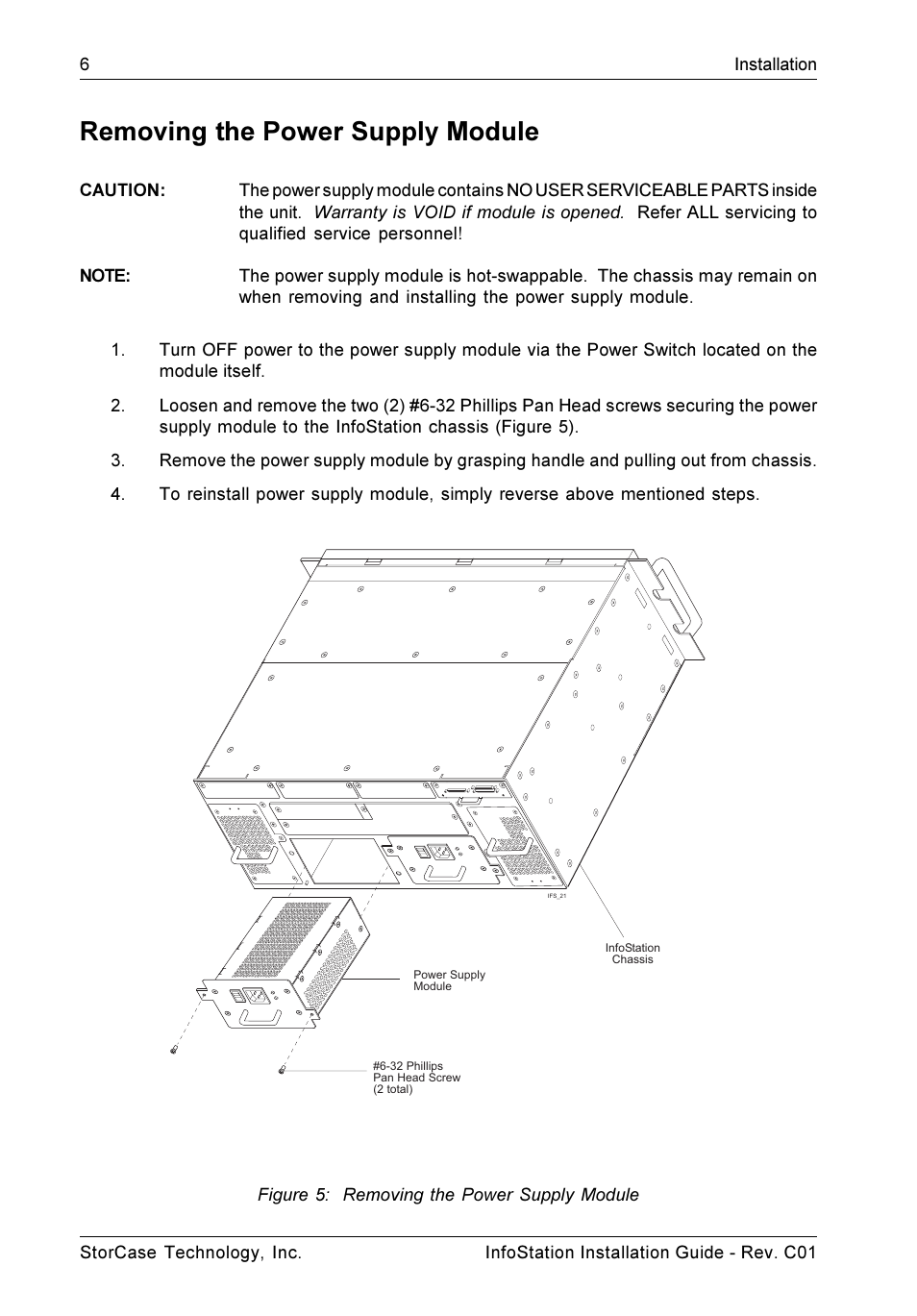 Removing the power supply module, Figure 5: removing the power supply module | StorCase Technology 9-Bay 4U SCSI Ultra160 User Manual | Page 11 / 24